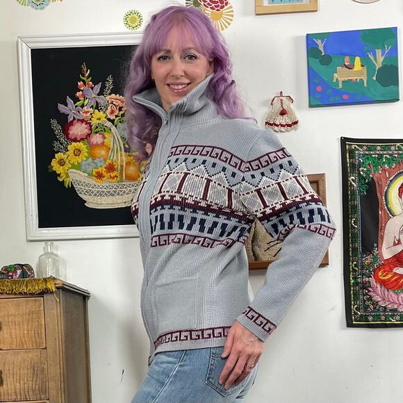 Vintage Grandpa Cardigan, 1970s Gray Zip Front Turtleneck Sweater Sz L - Picture 4 of 11